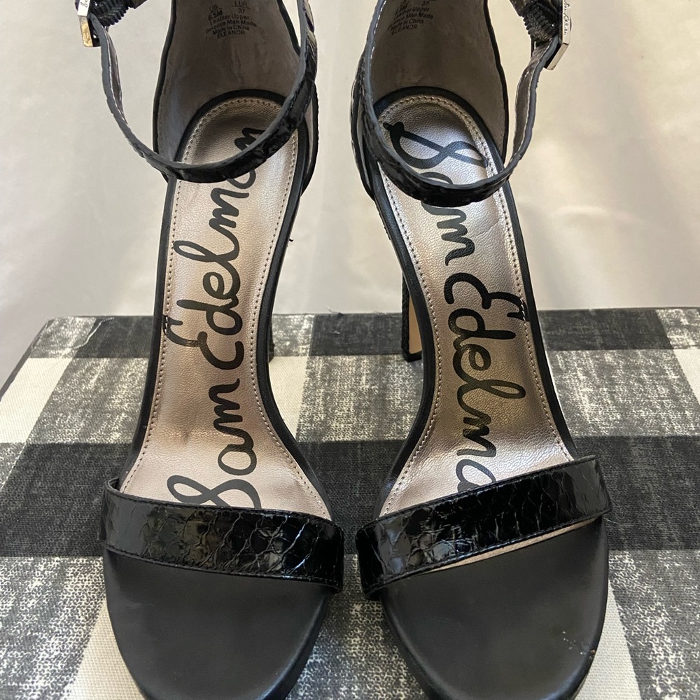 SAM EDELMAN Black Leather/Embossed Leather Upper Ankle Strap Eleanor Sandal.